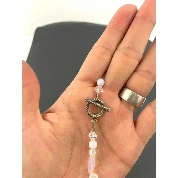 Moonstone Glass Chunky Beaded Necklace Iridescent Cube Silver Tone 16" - Picture 12 of 16